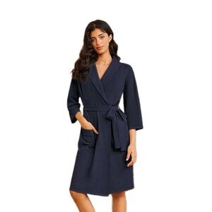 Ekouaer Navy Waffle Robe 3/4‎ Sleeve Knit Bathrobe Soft Lightweight Knee Length